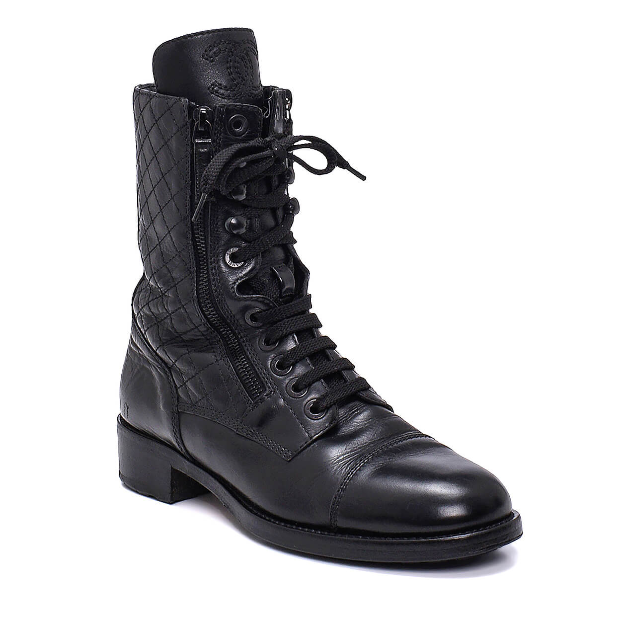 Chanel - Black Quilted Leather  Lace Up Boots